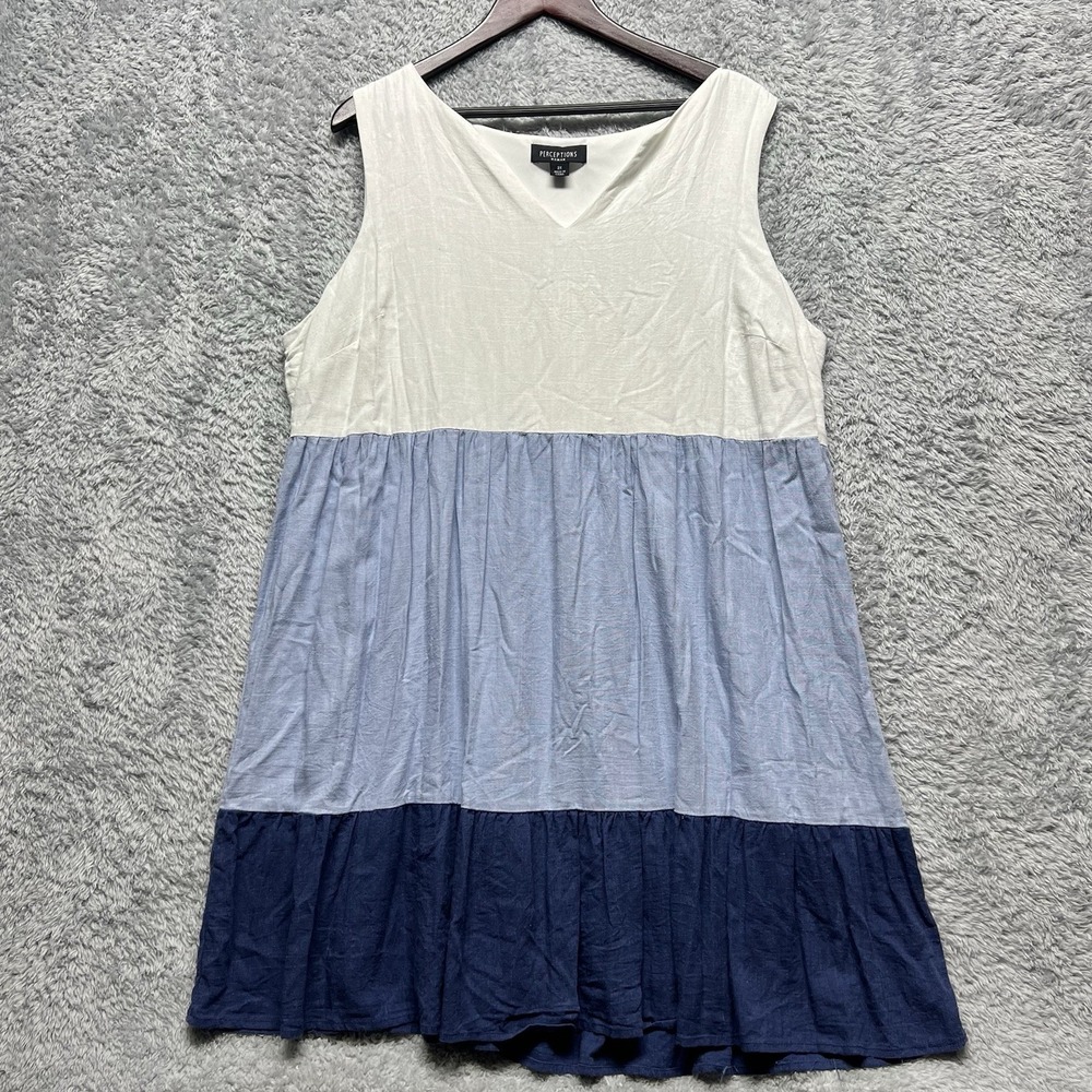 Perceptions Dress 2X Blue White Colorblock Linen Blend Resort Coastal‎ Beach